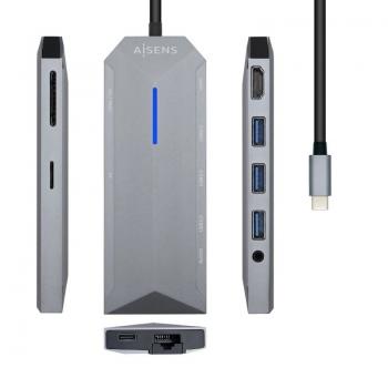 Hub USB 3.0 Tipo-C Aisens ASUC-9P001-GR/ 1 HDMI/ 3 Puertos USB 3.0/ 1 RJ45/ 1 Audio/ 1 Lector Tarjetas / Gris - Imagen 1