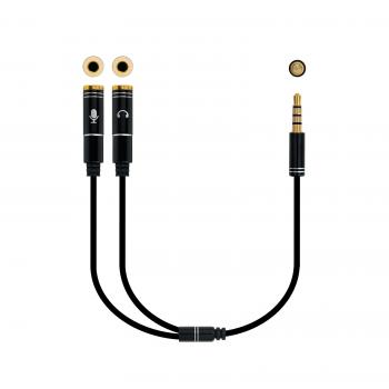Cable adaptador Audio Jack 3.5/M 4pines - 2xJack 3.5/H 3pines, negro, 30 cm
